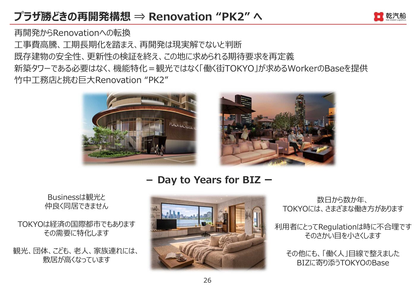 乾汽船 プラザ勝どきの再開発構想 Renovation PK2への転換