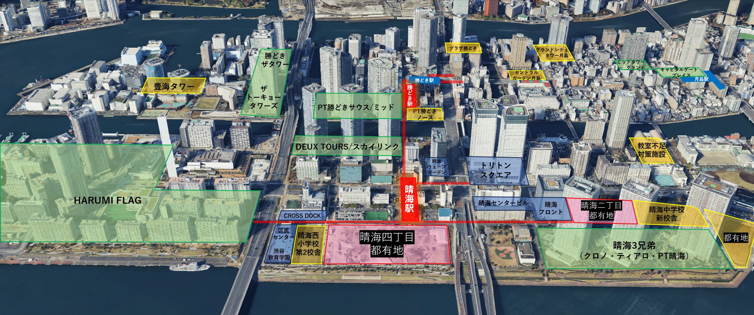 晴海1〜5丁目の人口・就業者需要マップ——駅候補地と都有地の位置関係